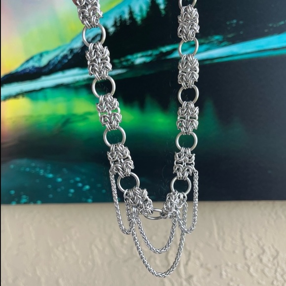 Handmade stainless steel maille thick choker chain double bizantine link pattern - Picture 9 of 16